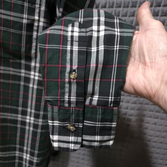 Button Long Sleeve Collared Shirt Mens Lg Green Plaid Holiday Lightweight Logo - Picture 11 of 16